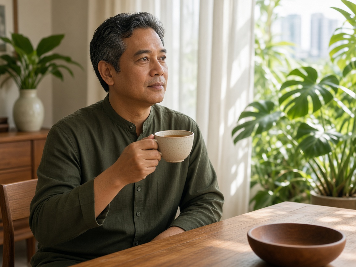 Man with a cup of tea at the table